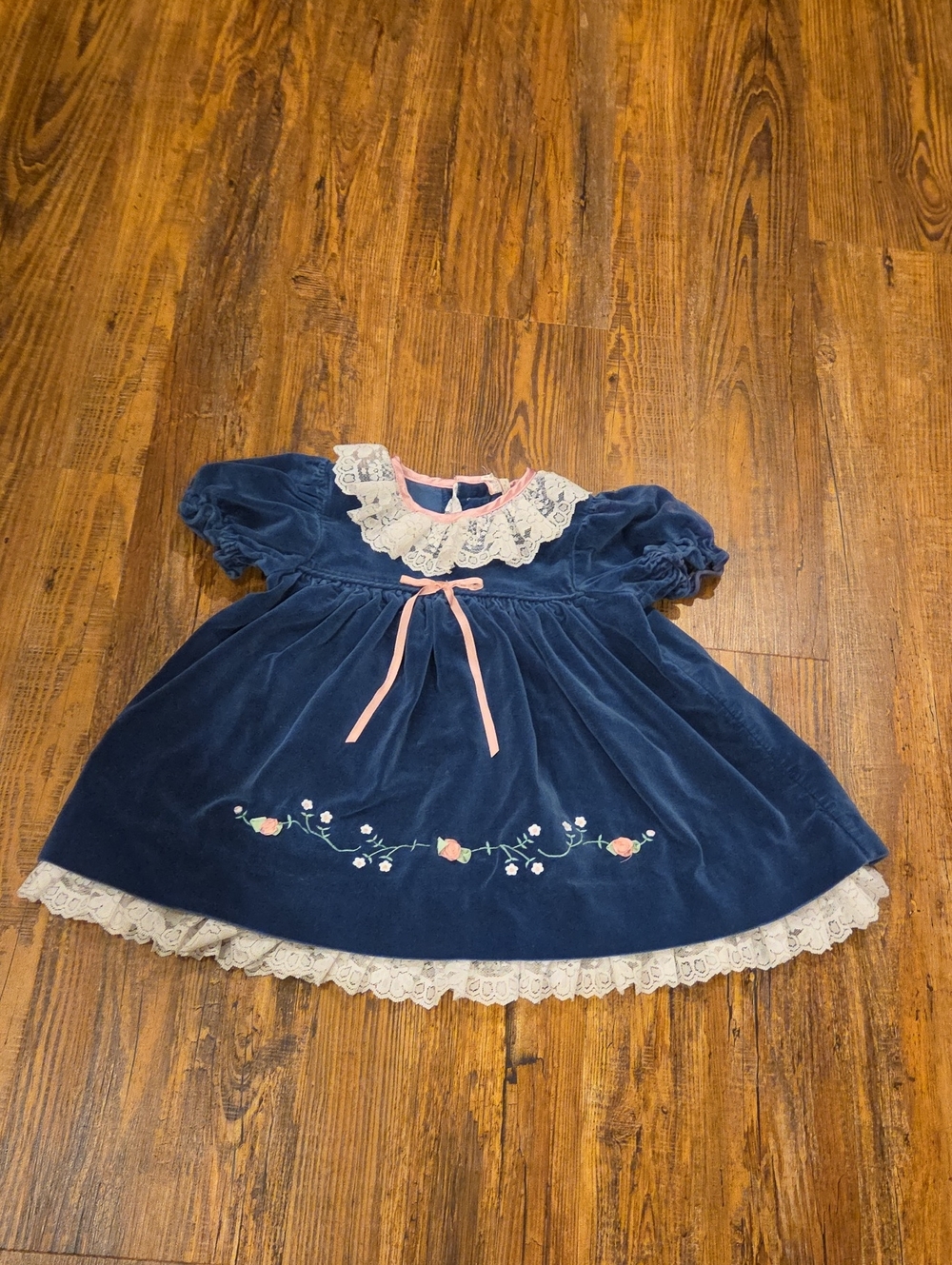 Vintage Navy Velvet Girls' Dress with Lace Collar